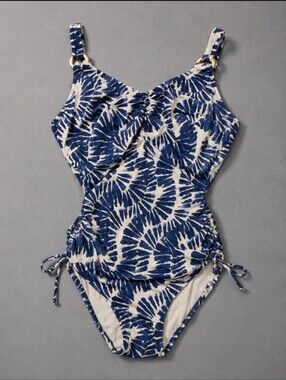 Fantasie Blue White Abstract Print One Piece Swimsuit DDD Cup Size Medium Ruched